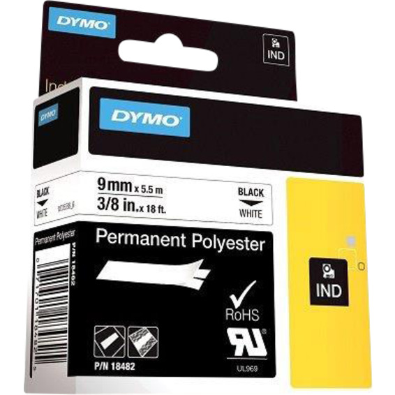 Dymo Rhino polyester tape 9mm sort på hvit