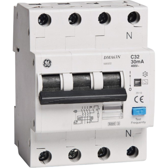 Jordfeilautomat 3+N C-32A 30mA 6kA 4mod GE DMA63N Jordfeilautomat 3+N C-32A 30mA 6kA 4mod GE DMA63N