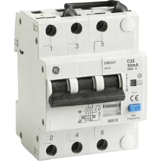 Jordfeilautomat 3-Pol C-25A 30mA 6kA 4mod GE DMA63 Jordfeilautomat 3-Pol C-25A 30mA 6kA 4mod GE DMA63